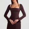 Ksenia Pinstripe Structured A-Line Mini Dress in Chocolate Brown