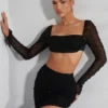 La Desirade Embellished Cowl Neck Crop Top in Black