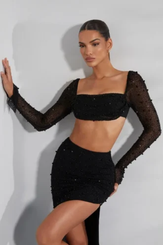 La Desirade Embellished Cowl Neck Crop Top in Black
