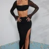 La Desirade Embellished Cowl Neck Crop Top in Black
