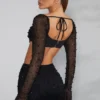 La Desirade Embellished Cowl Neck Crop Top in Black