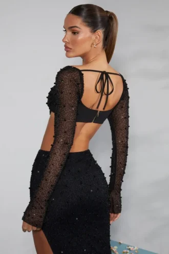 La Desirade Embellished Cowl Neck Crop Top in Black