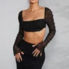 La Desirade Embellished Cowl Neck Crop Top in Black