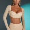 La Desirade Embellished Cowl Neck Crop Top in Sand