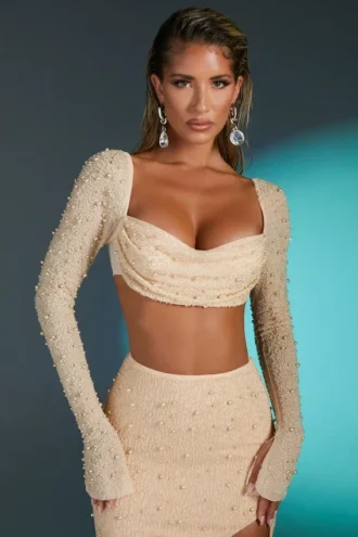 La Desirade Embellished Cowl Neck Crop Top in Sand