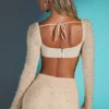 La Desirade Embellished Cowl Neck Crop Top in Sand