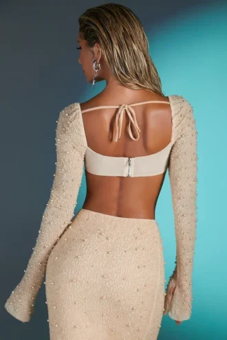La Desirade Embellished Cowl Neck Crop Top in Sand