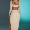 La Desirade Embellished Cowl Neck Crop Top in Sand