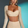 La Desirade Embellished Cowl Neck Crop Top in Sand