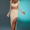 La Desirade Embellished Cowl Neck Crop Top in Sand
