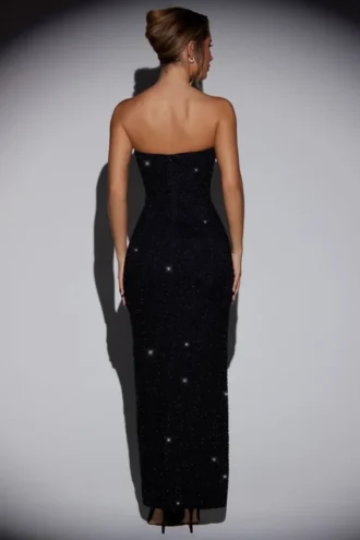 La Rochette Embellished Bandeau Cowl Neck Maxi Dress in Black