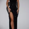 La Rochette Embellished Bandeau Cowl Neck Maxi Dress in Black