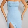 La Rochette Embellished Bandeau Cowl Neck Maxi Dress in Light Blue