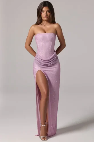 La Rochette Embellished Bandeau Cowl-Waist Maxi Dress in Pink