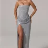 La Rochette Embellished Bandeau Cowl-Waist Maxi Dress in Silver