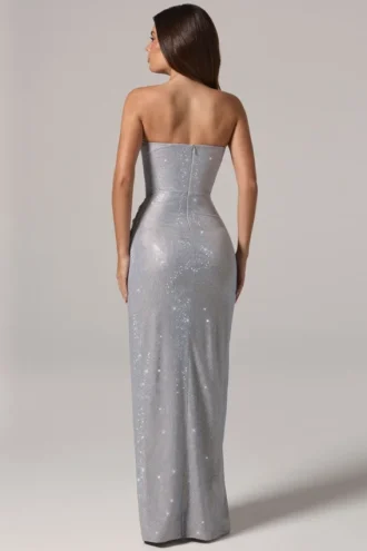 La Rochette Embellished Bandeau Cowl-Waist Maxi Dress in Silver