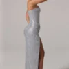 La Rochette Embellished Bandeau Cowl-Waist Maxi Dress in Silver