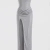 La Rochette Embellished Bandeau Cowl-Waist Maxi Dress in Silver