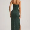 La Rochette Embellished Strapless Cowl-Neck Maxi Dress in Emerald Green