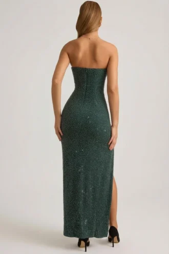 La Rochette Embellished Strapless Cowl-Neck Maxi Dress in Emerald Green