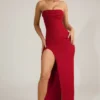 La Rochette Embellished Strapless Cowl-Neck Maxi Dress in True Red