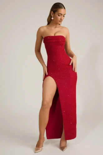 La Rochette Embellished Strapless Cowl-Neck Maxi Dress in True Red