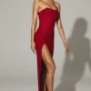 La Rochette Embellished Strapless Cowl-Neck Maxi Dress in True Red