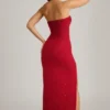 La Rochette Embellished Strapless Cowl-Neck Maxi Dress in True Red