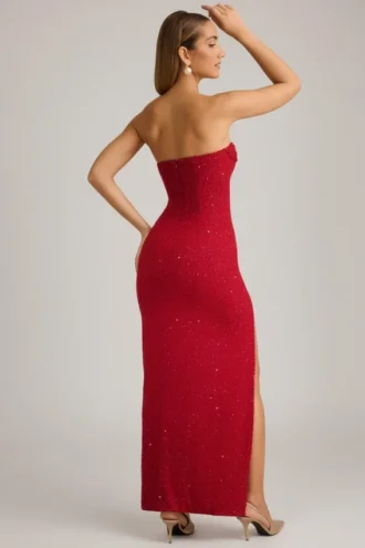 La Rochette Embellished Strapless Cowl-Neck Maxi Dress in True Red