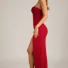 La Rochette Embellished Strapless Cowl-Neck Maxi Dress in True Red