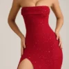 La Rochette Embellished Strapless Cowl-Neck Maxi Dress in True Red
