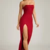 La Rochette Embellished Strapless Cowl-Neck Maxi Dress in True Red