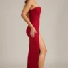 La Rochette Embellished Strapless Cowl-Neck Maxi Dress in True Red