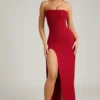 La Rochette Embellished Strapless Cowl-Neck Maxi Dress in True Red