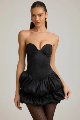 Laela Satin Bubble Hem Corset Mini Dress in Black