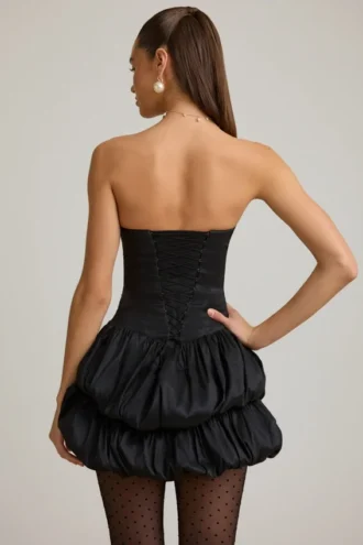 Laela Satin Bubble Hem Corset Mini Dress in Black