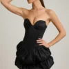 Laela Satin Bubble Hem Corset Mini Dress in Black