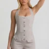 Lalita Button-Down Halterneck Playsuit in Ecru