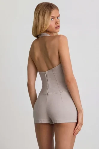 Lalita Button-Down Halterneck Playsuit in Ecru