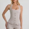 Lalita Button-Down Halterneck Playsuit in Ecru