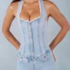 Lalita Button-Down Halterneck Playsuit in Light Denim