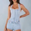 Lalita Button-Down Halterneck Playsuit in Light Denim
