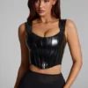 Lamiya Vinyl Lace-Up Corset Top in Black