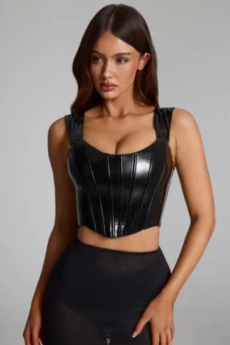 Lamiya Vinyl Lace-Up Corset Top in Black