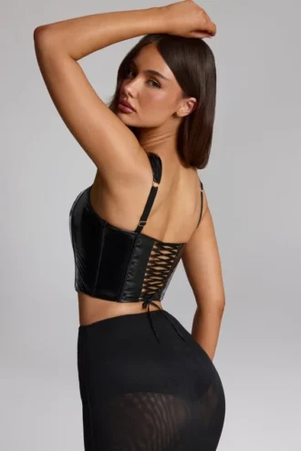 Lamiya Vinyl Lace-Up Corset Top in Black