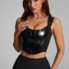 Lamiya Vinyl Lace-Up Corset Top in Black