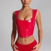 Lamiya Vinyl Lace-Up Corset Top in Fire Red