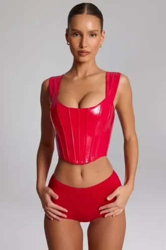 Lamiya Vinyl Lace-Up Corset Top in Fire Red