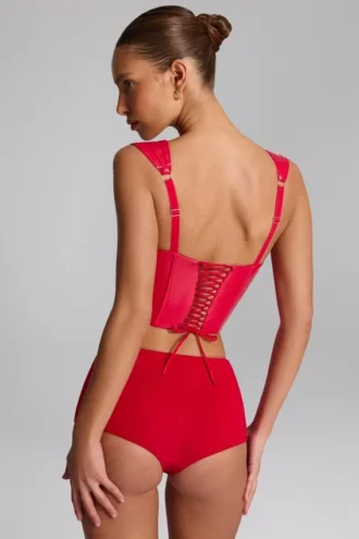 Lamiya Vinyl Lace-Up Corset Top in Fire Red