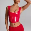 Lamiya Vinyl Lace-Up Corset Top in Fire Red
